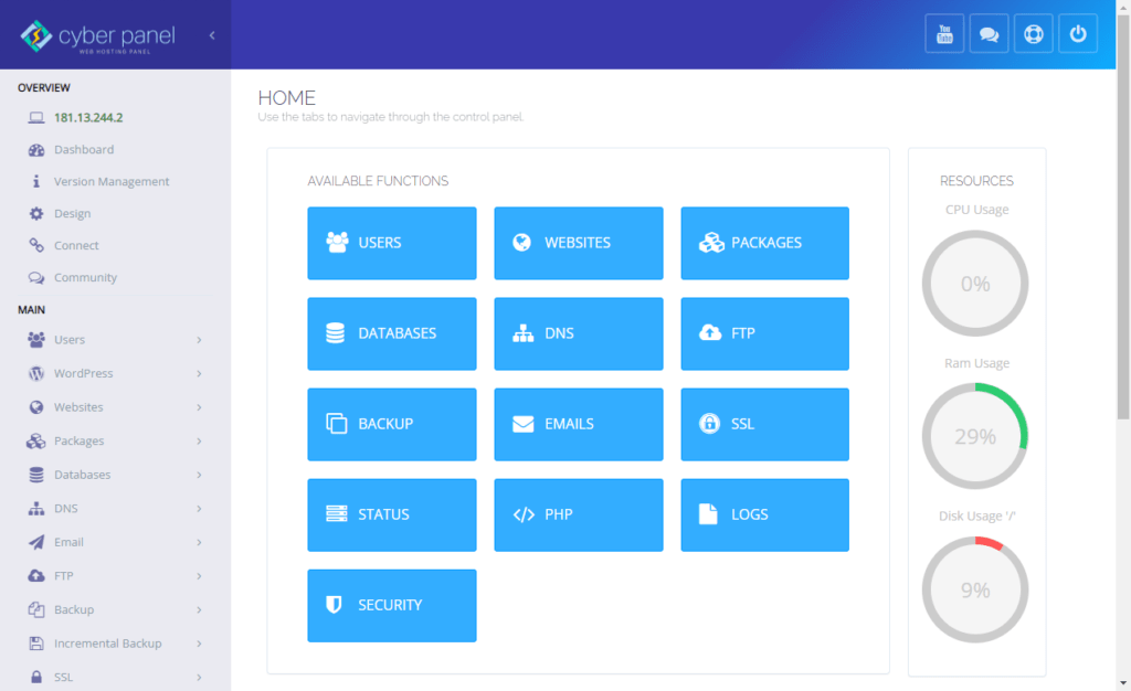 Dashboard de Cyberpanel
