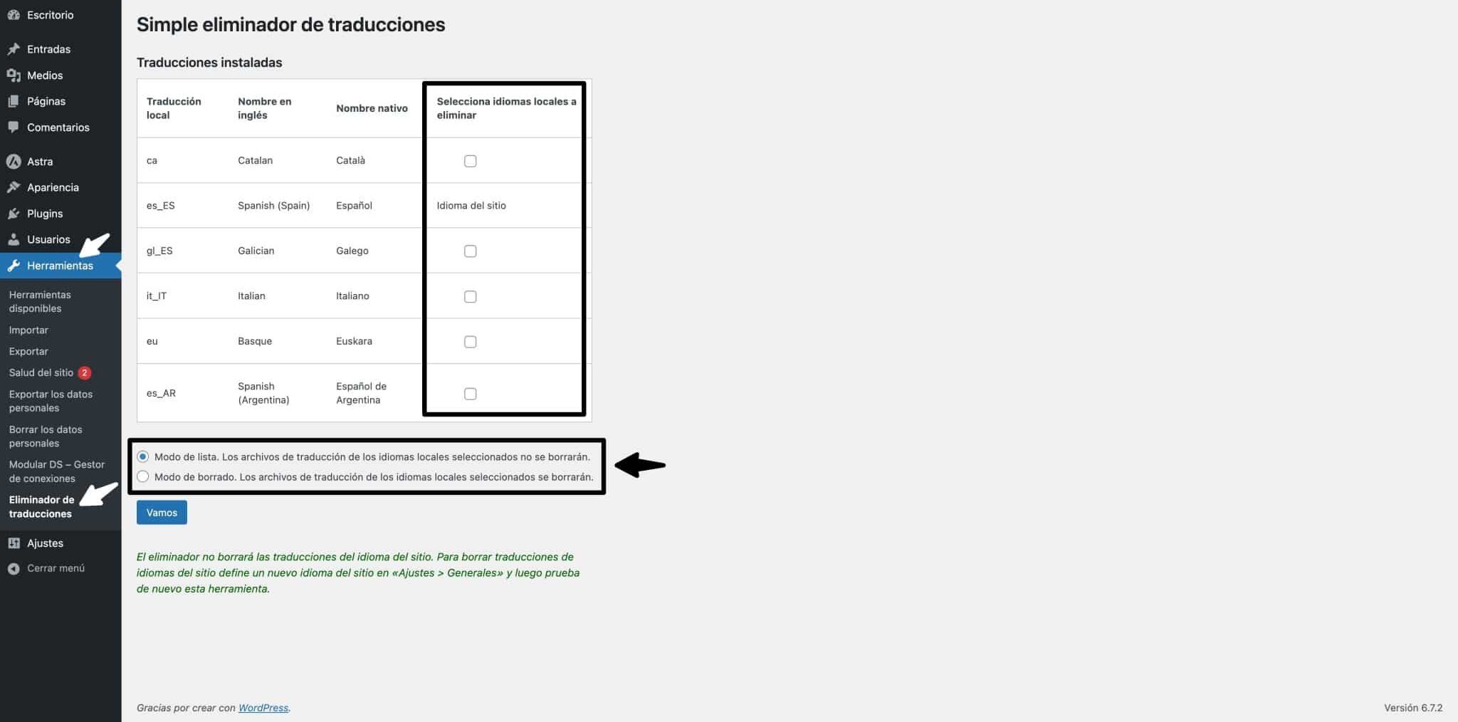 eliminar traducciones de WordPress