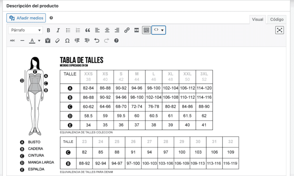 guía de talles en WooCommerce
